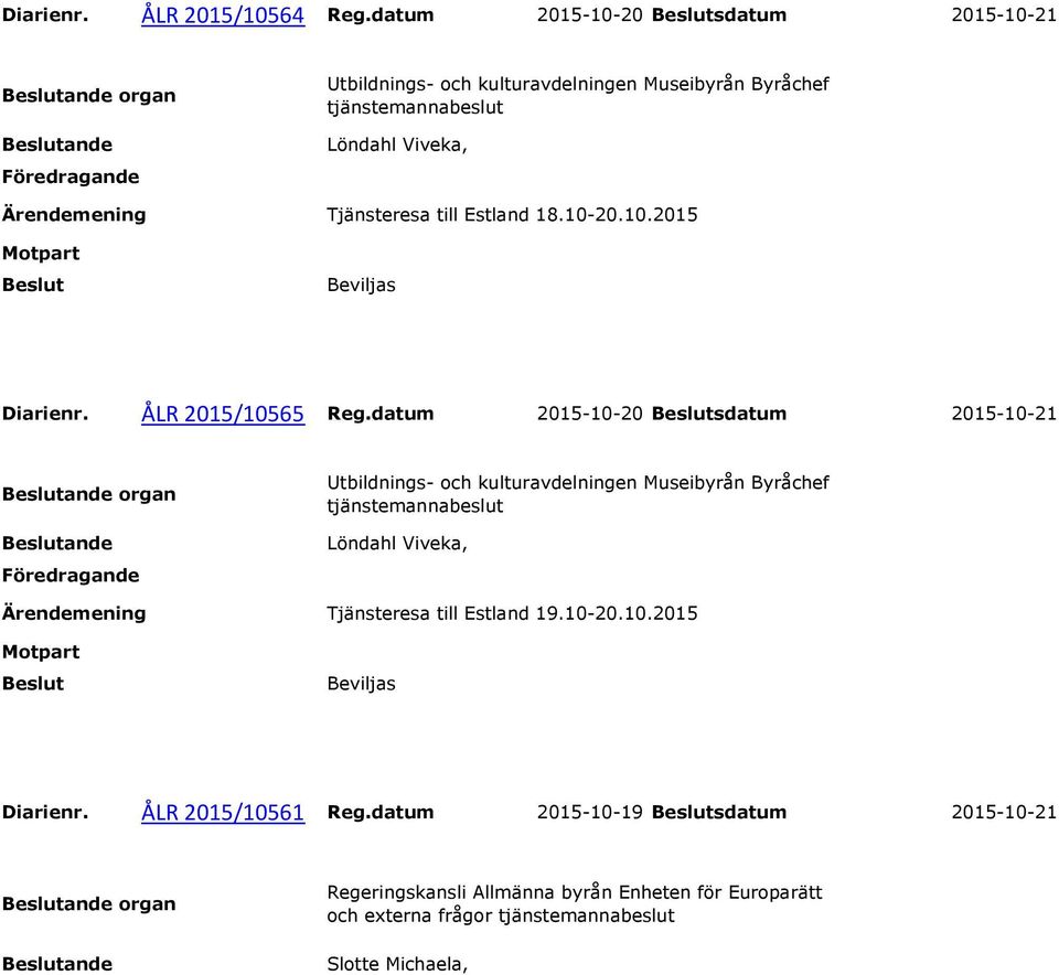 Estland 18.10-20.10.2015 Beviljas Diarienr. ÅLR 2015/10565 Reg. Estland 19.10-20.10.2015 Beviljas Diarienr. ÅLR 2015/10561 Reg.