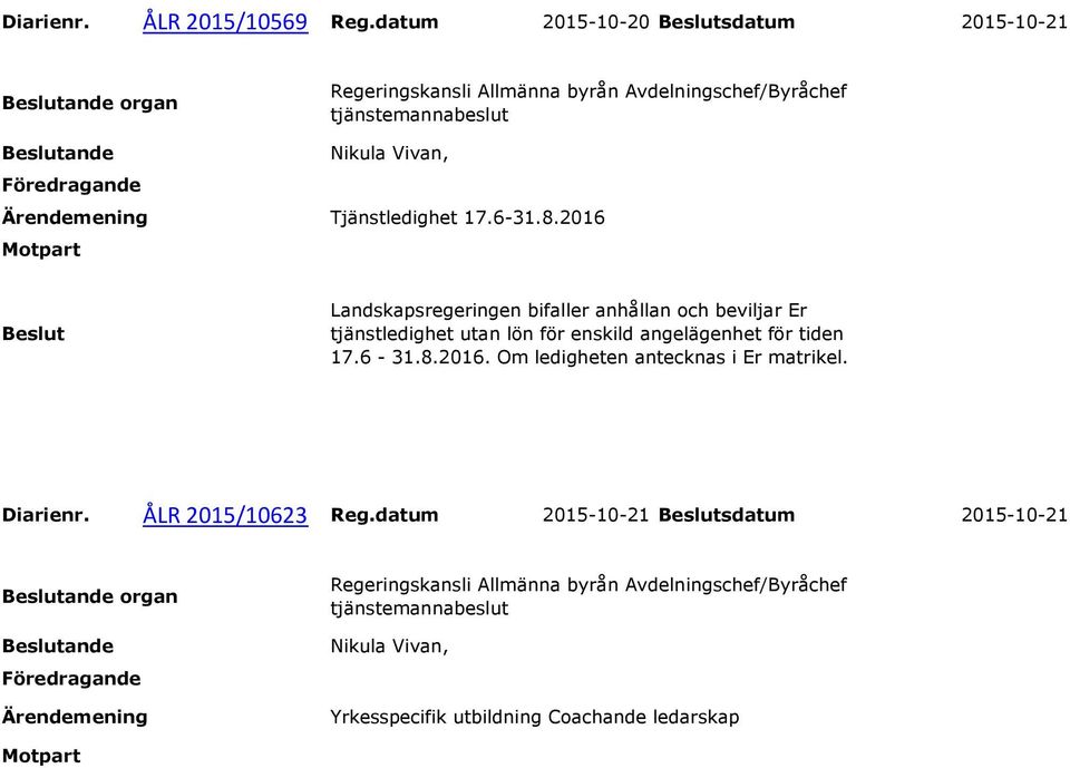 6-31.8.2016 Landskapsregeringen bifaller anhållan och beviljar Er tjänstledighet utan lön för enskild angelägenhet för tiden 17.