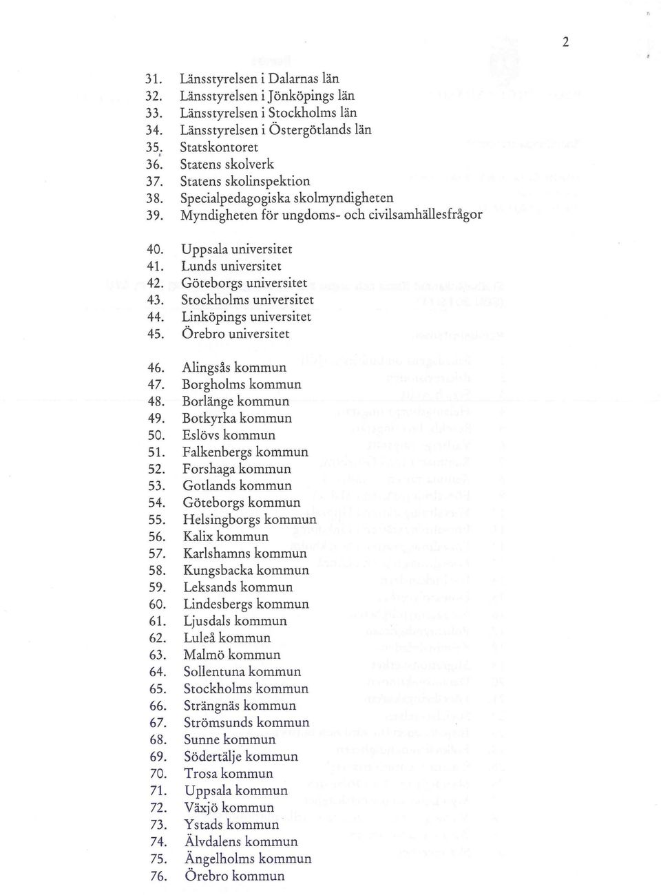 Stockholms universitet 44. Linköpings universitet 45. Örebro universitet 46. Alingsås kommun 47. Borgholms kommun 48. Borlänge kommun 49. Botkyrka kommun 50. Eslövs kommun 51. Falkenbergs kommun 52.