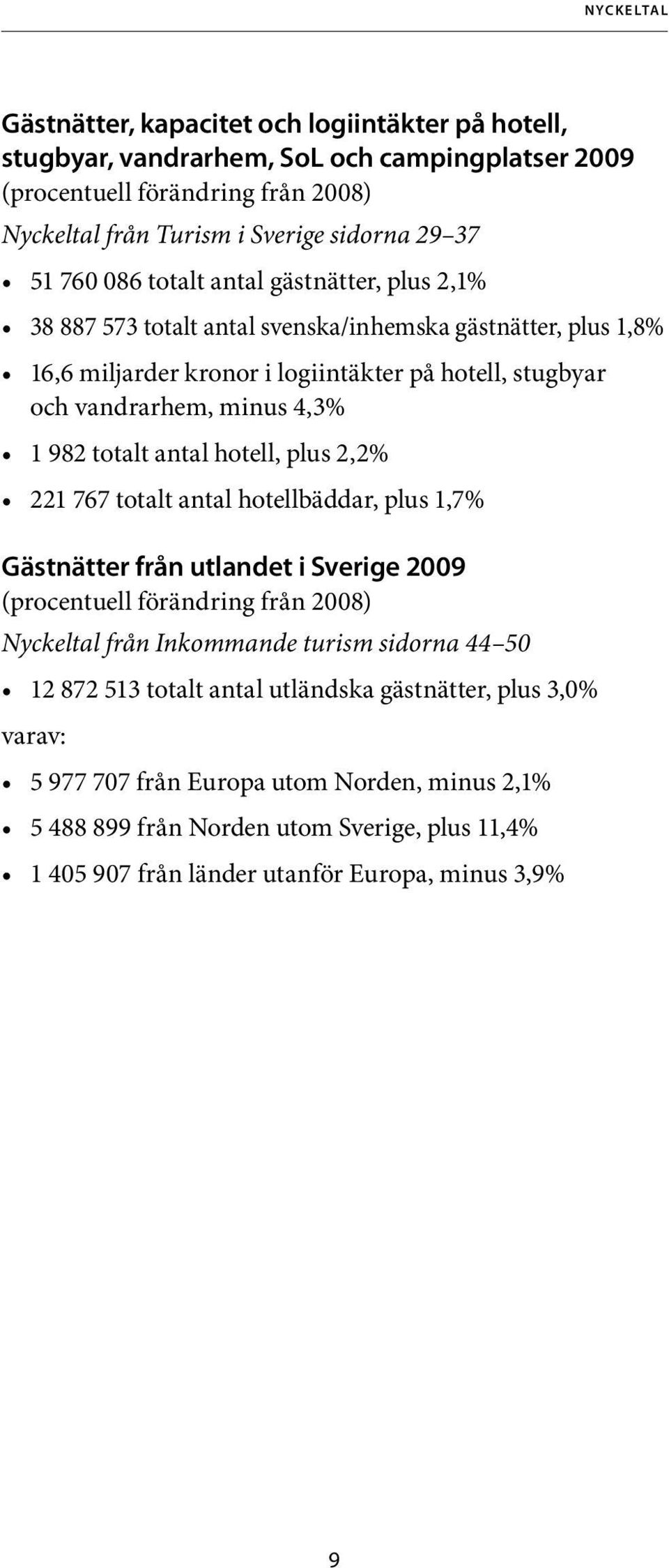 totalt antal hotell, plus 2,2% 221 767 totalt antal hotellbäddar, plus 1,7% Gästnätter från utlandet i Sverige 2009 (procentuell förändring från 2008) Nyckeltal från Inkommande turism sidorna 44 50