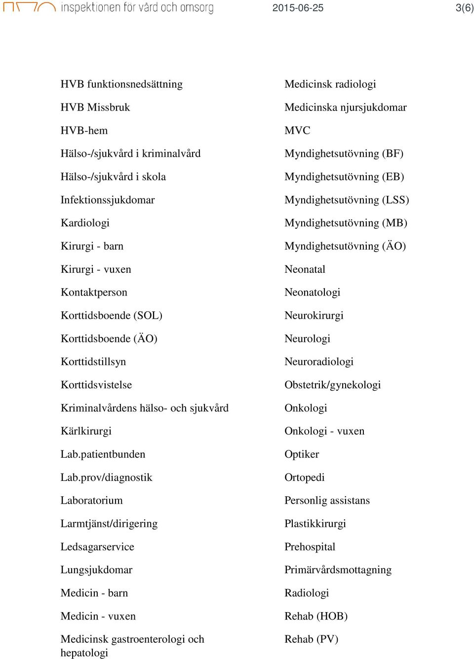 prov/diagnostik Laboratorium Larmtjänst/dirigering Ledsagarservice Lungsjukdomar Medicin - barn Medicin - vuxen Medicinsk gastroenterologi och hepatologi Medicinsk radiologi Medicinska njursjukdomar