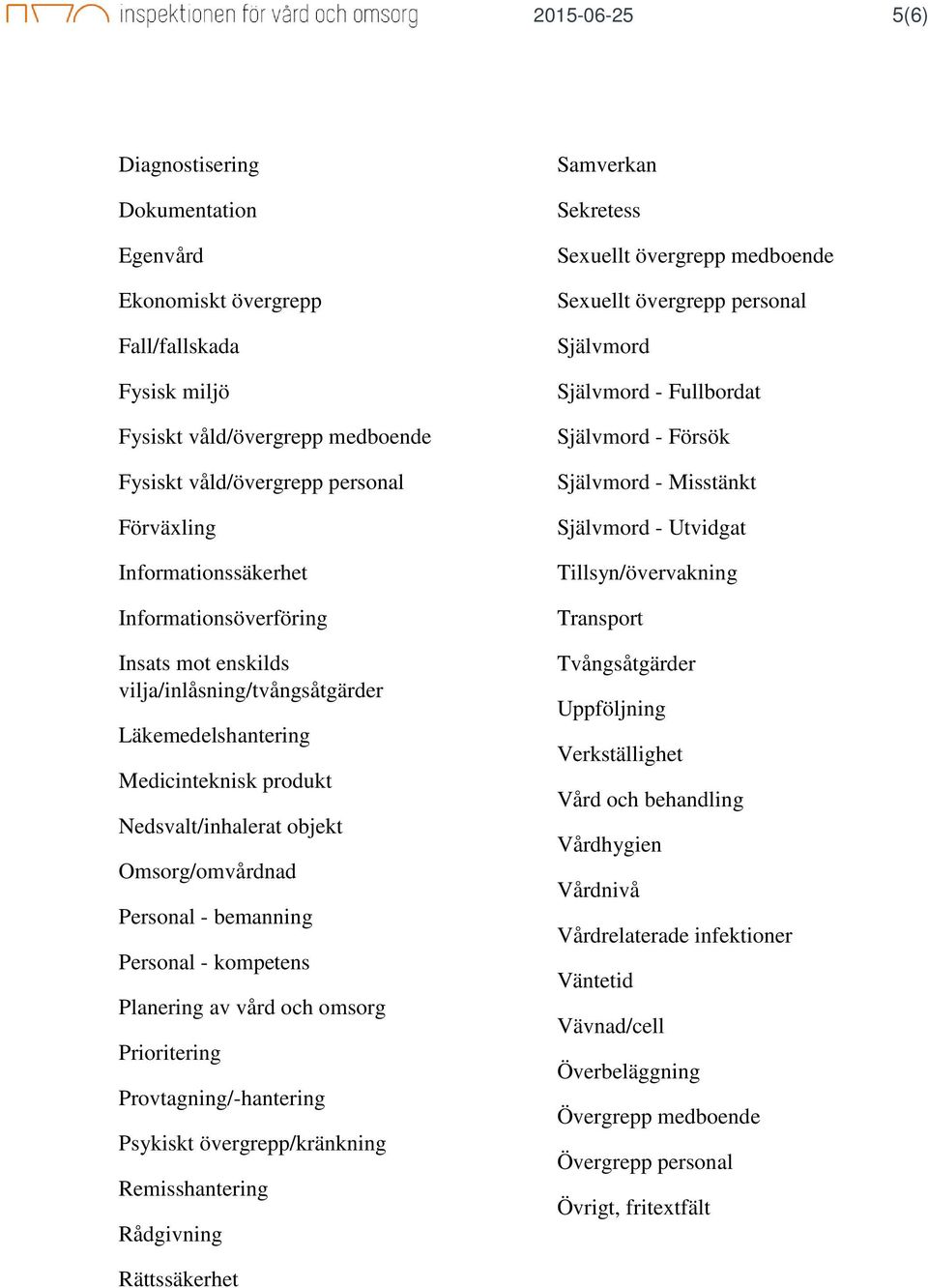 bemanning Personal - kompetens Planering av vård och omsorg Prioritering Provtagning/-hantering Psykiskt övergrepp/kränkning Remisshantering Rådgivning Samverkan Sekretess Sexuellt övergrepp