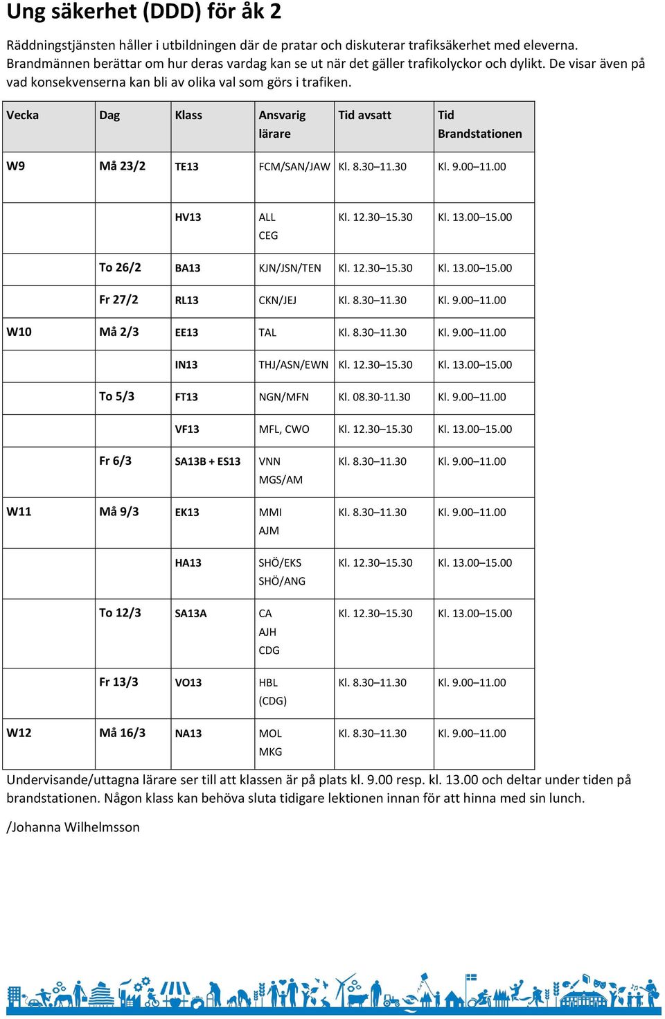 Vecka Dag Klass Ansvarig lärare Tid avsatt Tid Brandstationen W9 Må 23/2 TE13 FCM/SAN/JAW HV13 ALL CEG Kl. 12.30 15.30 Kl. 13.00 15.00 To 26/2 BA13 KJN/JSN/TEN Kl. 12.30 15.30 Kl. 13.00 15.00 Fr 27/2 RL13 CKN/JEJ W10 Må 2/3 EE13 TAL IN13 THJ/ASN/EWN Kl.
