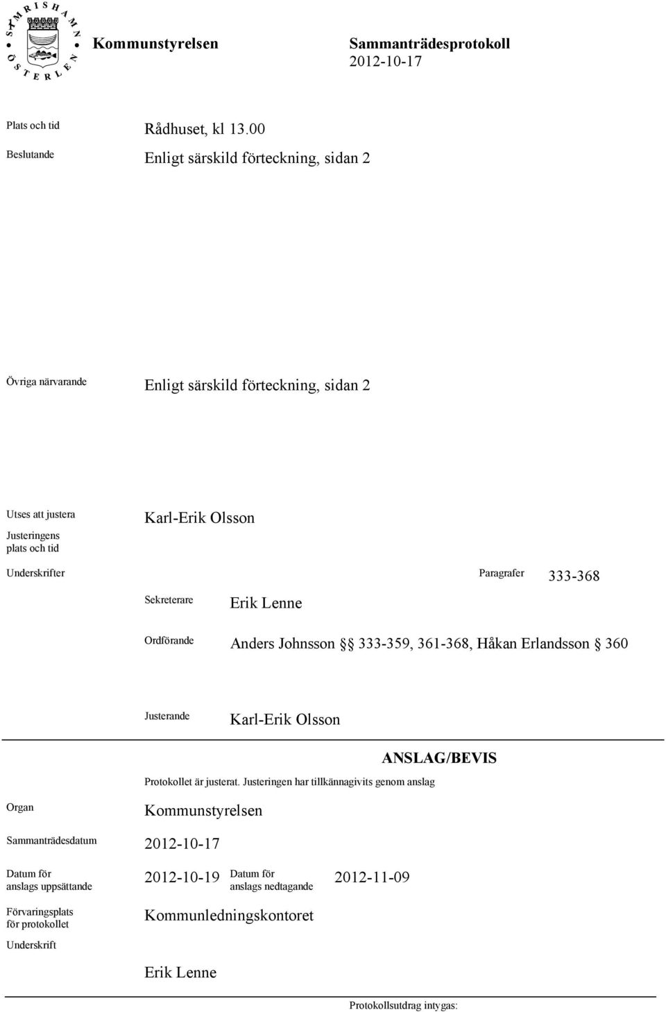 Olsson Underskrifter Paragrafer 333-368 Sekreterare Erik Lenne Ordförande Anders Johnsson 333-359, 361-368, Håkan Erlandsson 360 Justerande Karl-Erik Olsson