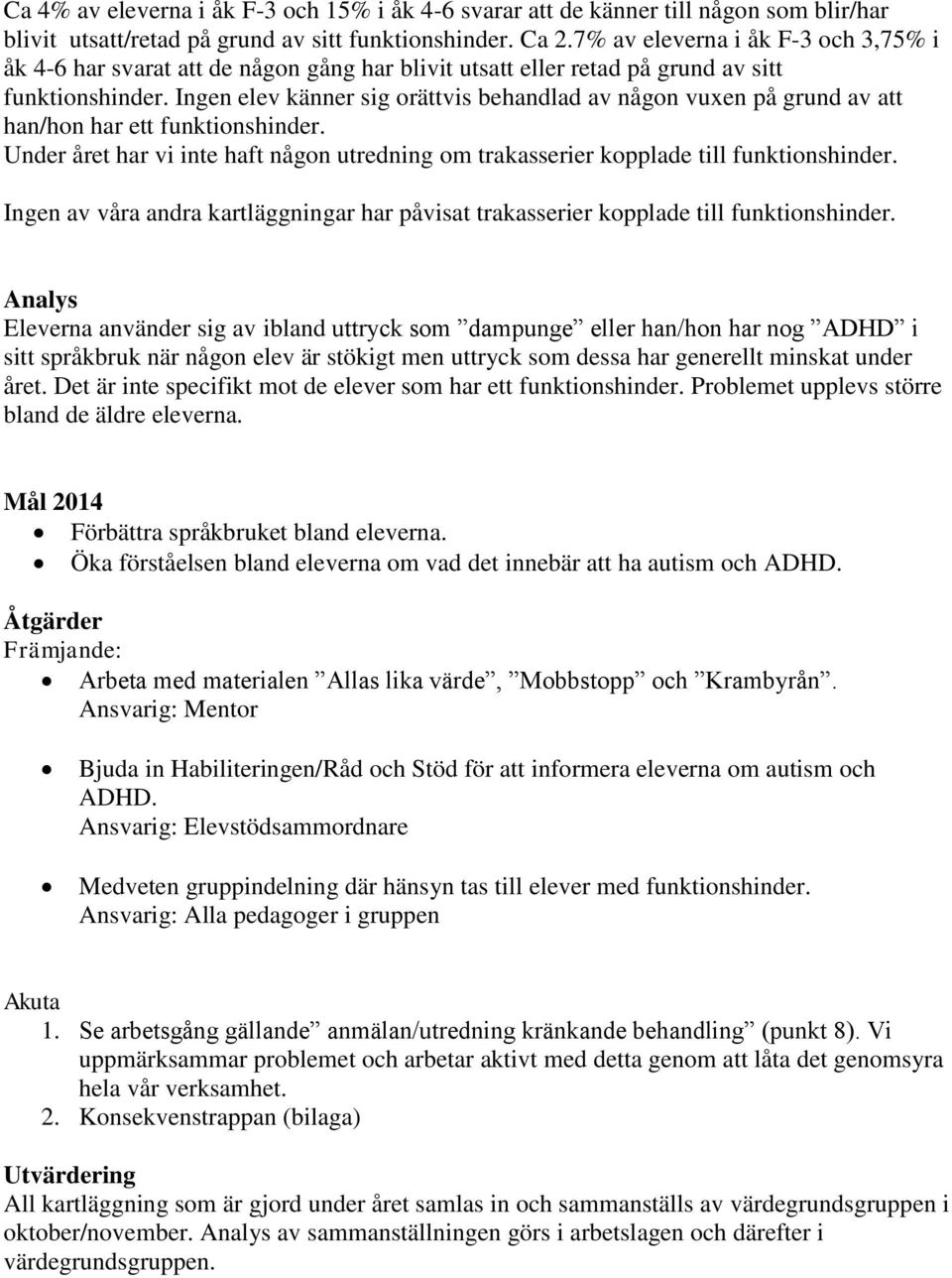 Ingen elev känner sig orättvis behandlad av någon vuxen på grund av att han/hon har ett funktionshinder. Under året har vi inte haft någon utredning om trakasserier kopplade till funktionshinder.