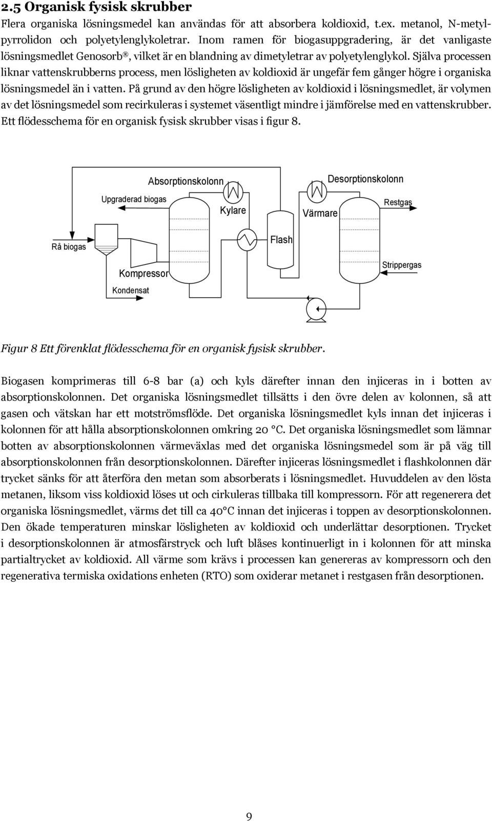 Själva processen liknar vattenskrubberns process, men lösligheten av koldioxid är ungefär fem gånger högre i organiska lösningsmedel än i vatten.