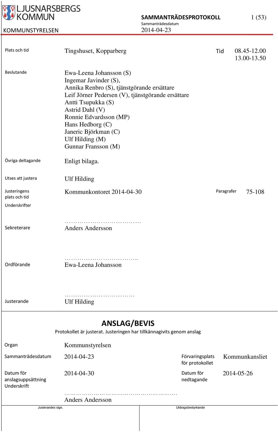 Dahl (V) Ronnie Edvardsson (MP) Hans Hedborg (C) Janeric Björkman (C) Ulf Hilding (M) Gunnar Fransson (M) Enligt bilaga.