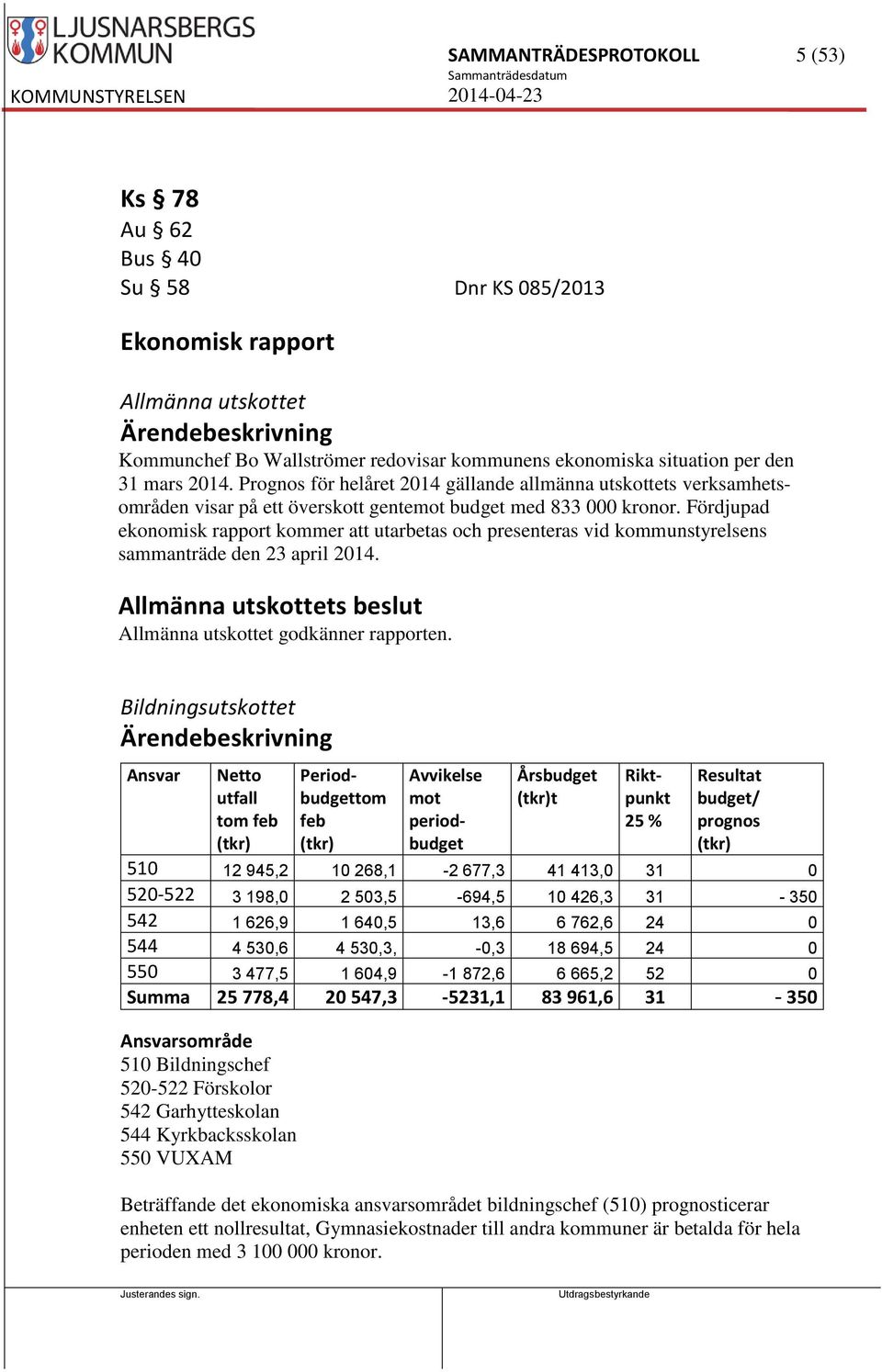 Fördjupad ekonomisk rapport kommer att utarbetas och presenteras vid kommunstyrelsens sammanträde den 23 april 2014. Allmänna utskottets beslut Allmänna utskottet godkänner rapporten.
