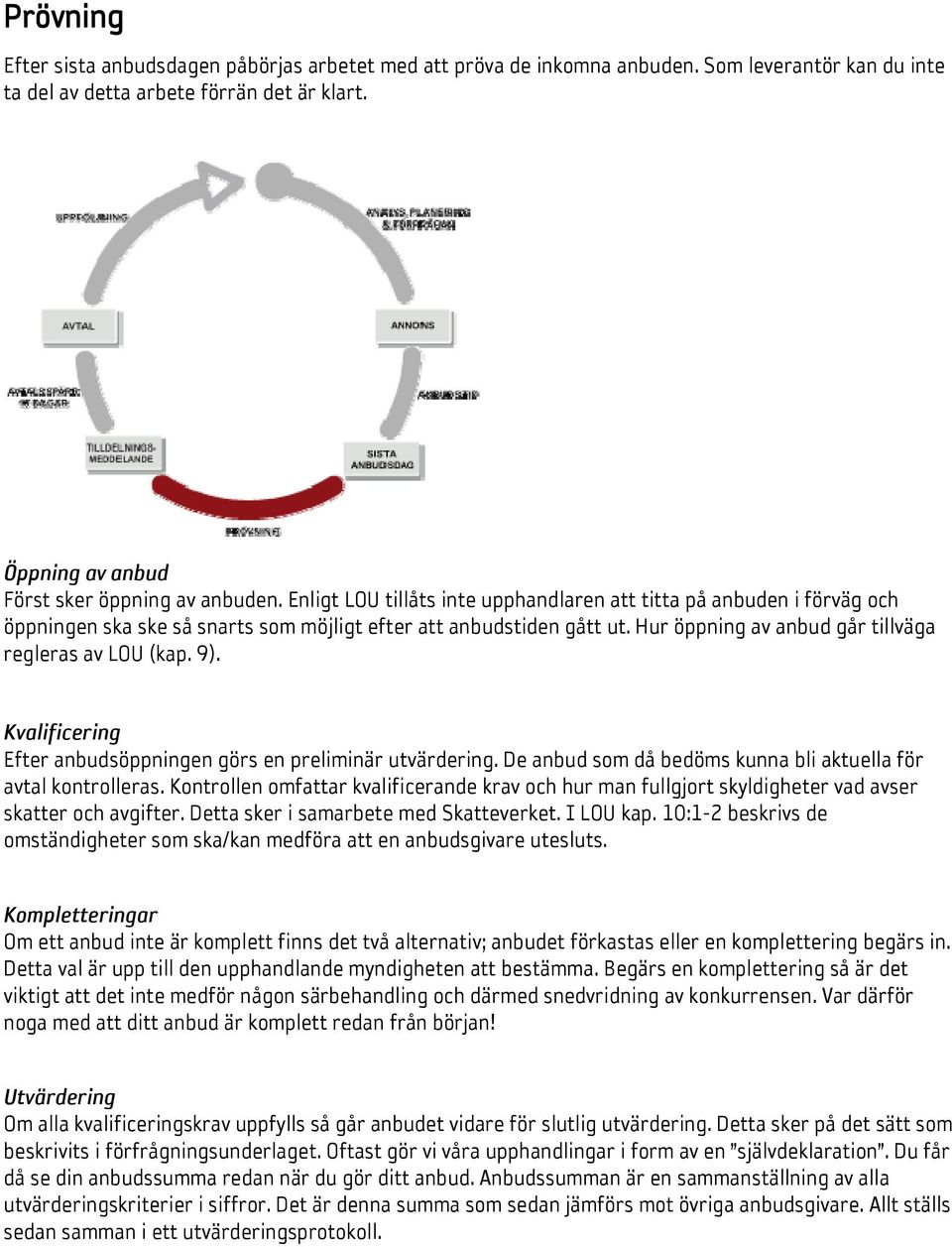 Hur öppning av anbud går tillväga regleras av LOU (kap. 9). Kvalificering Efter anbudsöppningen görs en preliminär utvärdering. De anbud som då bedöms kunna bli aktuella för avtal kontrolleras.