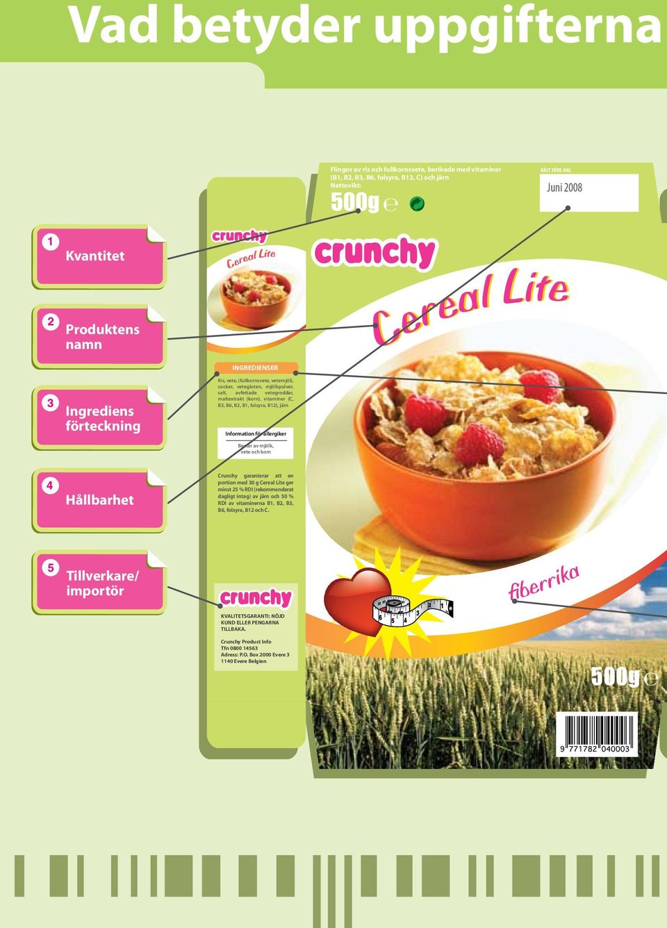 (C, B3, B6, B2, B1, folsyra, B12), järn Information för allergiker Består av mjölk, vete och korn 4 Hållbarhet Crunchy garanterar att en portion med 30 g Cereal Lite ger minst 25 % RDI (rekommenderat