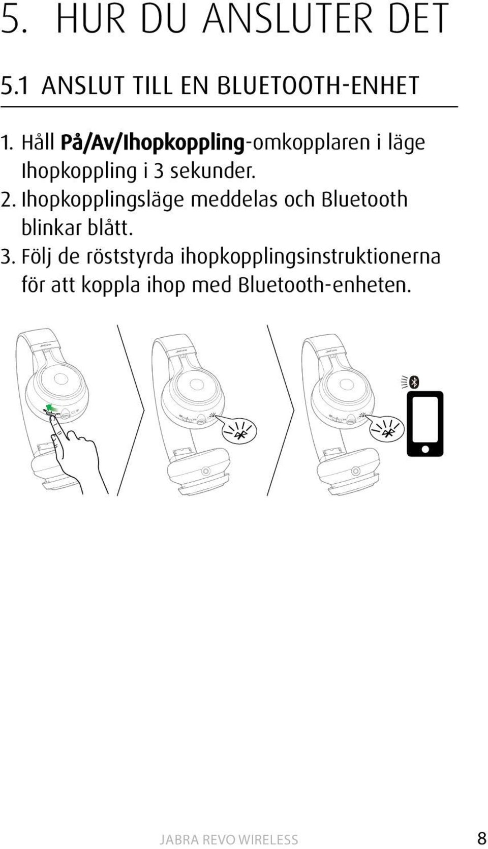 Ihopkopplingsläge meddelas och Bluetooth blinkar blått. 3.