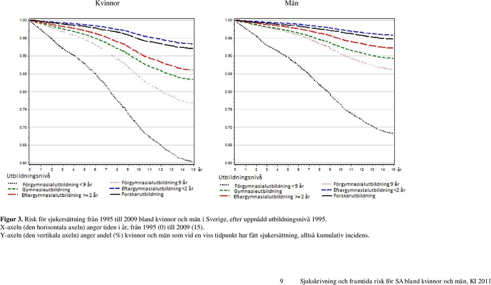 utbildningsnivå 1995. X-axeln (den horisontala axeln) anger tiden i år, från 1995 (0) till 2009 (15).