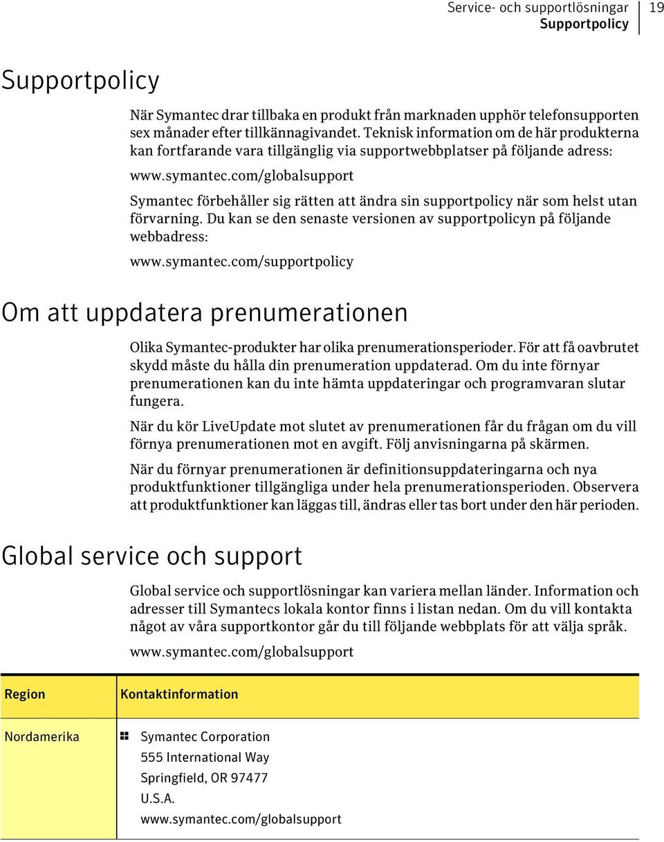com/globalsupport Symantec förbehåller sig rätten att ändra sin supportpolicy när som helst utan förvarning. Du kan se den senaste versionen av supportpolicyn på följande webbadress: www.symantec.