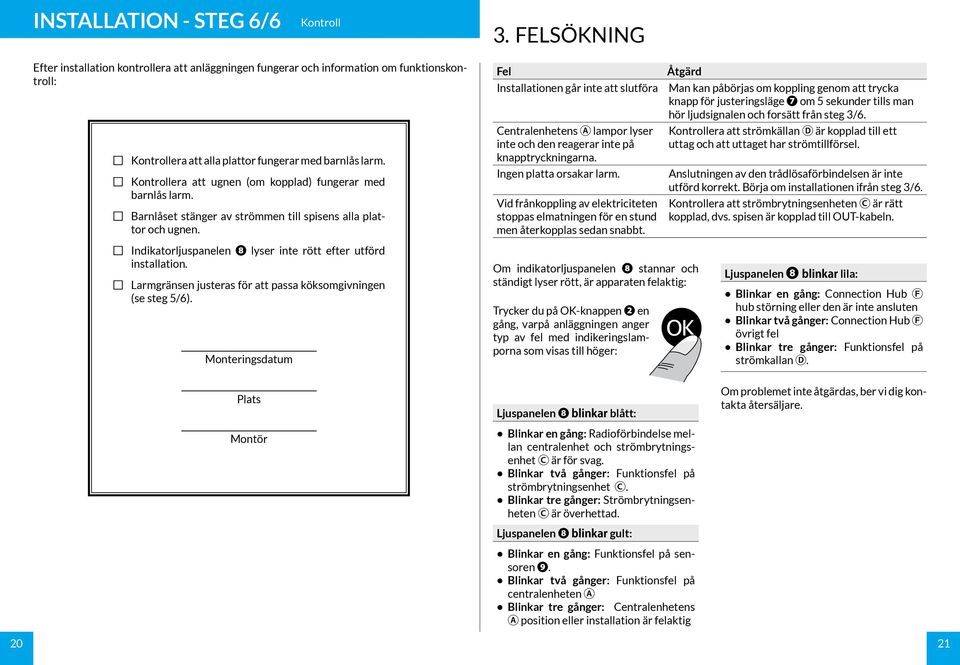 Fel Installationen går inte att slutföra Centralenhetens A lampor lyser inte och den reagerar inte på knapptryckningarna. Ingen platta orsakar larm.