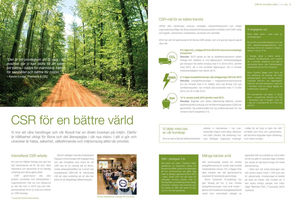 Kerstin Lindell, President & CEO CSR för en bättre värld Utifrån våra värderingar, policyer, strategier, verksamhetssystem och viktiga organisatoriska frågor har Bona beslutat att fokusera på fem