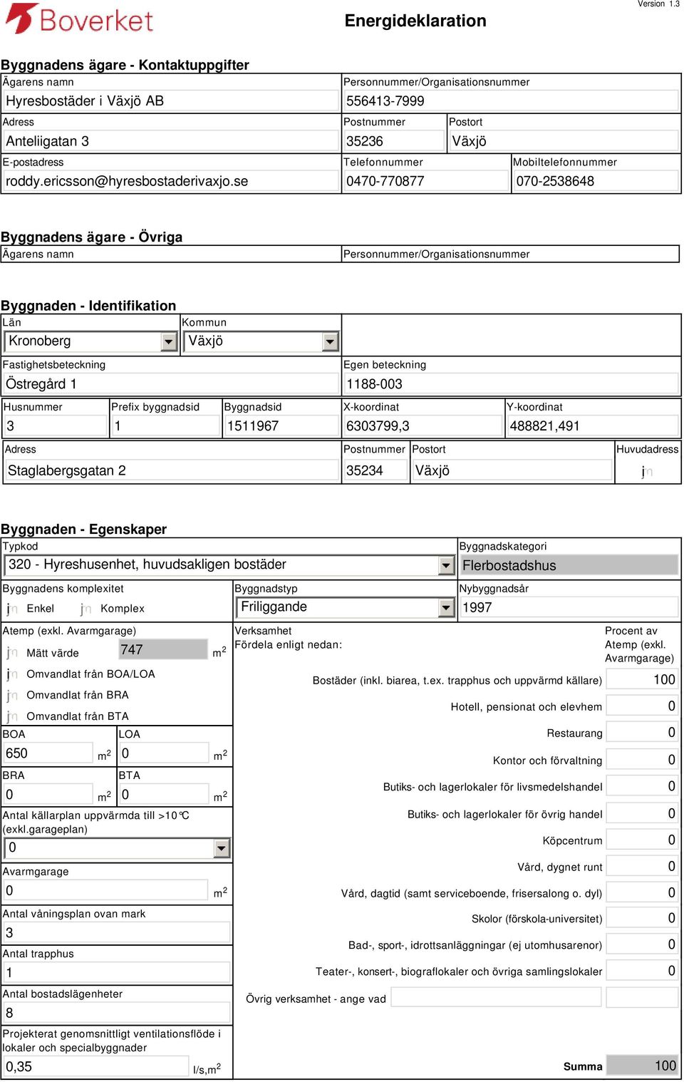 Byggnaden - Identifikation Län Kronoberg Fastighetsbeteckning Östregård 1 Husnummer 3 Prefix byggnadsid 1 Kommun Byggnadsid 1511967 Egen beteckning 1188-3 X-koordinat 633799,3 Y-koordinat 488821,491