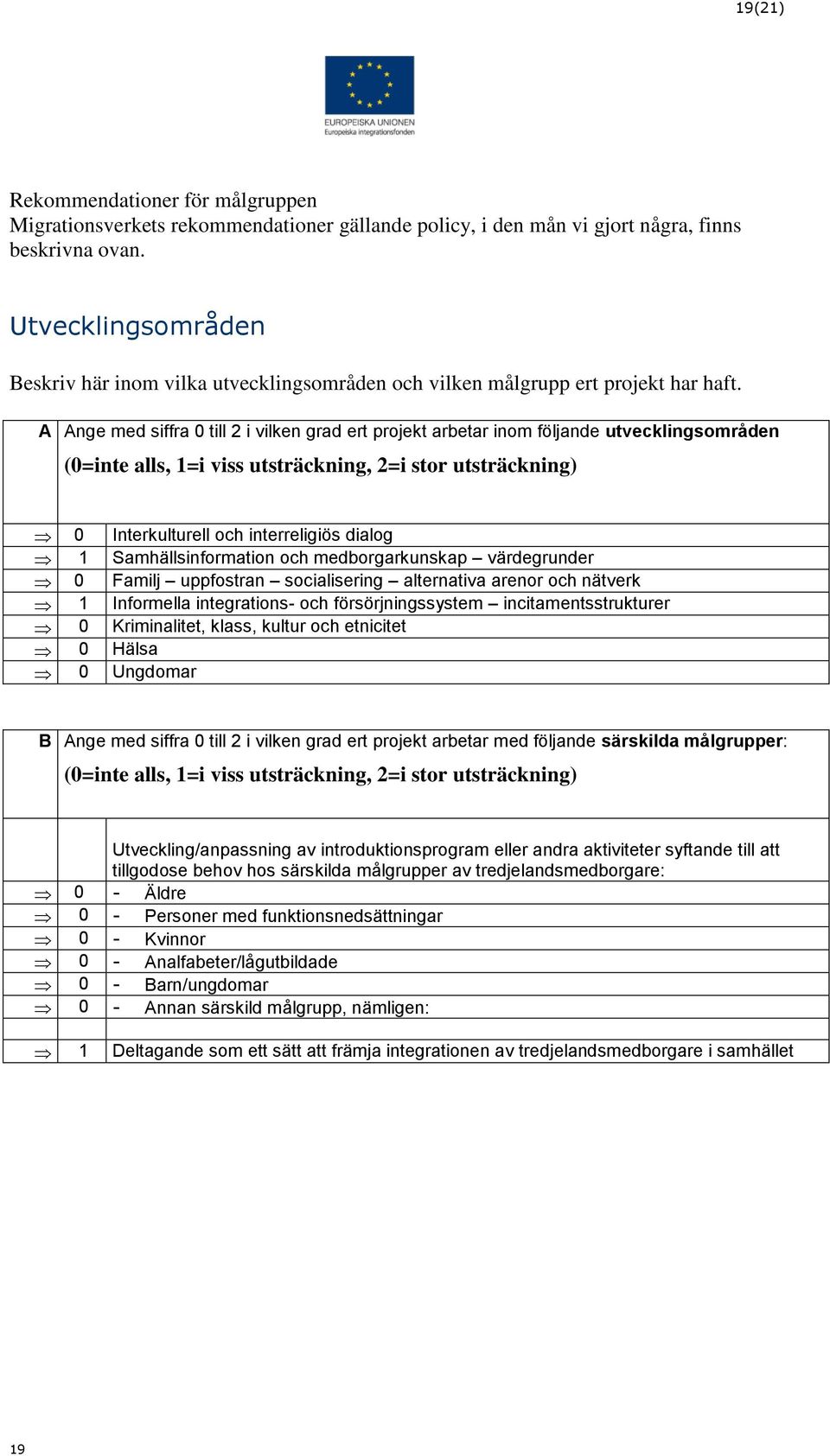 A Ange med siffra 0 till 2 i vilken grad ert projekt arbetar inom följande utvecklingsområden (0=inte alls, 1=i viss utsträckning, 2=i stor utsträckning) 0 Interkulturell och interreligiös dialog 1