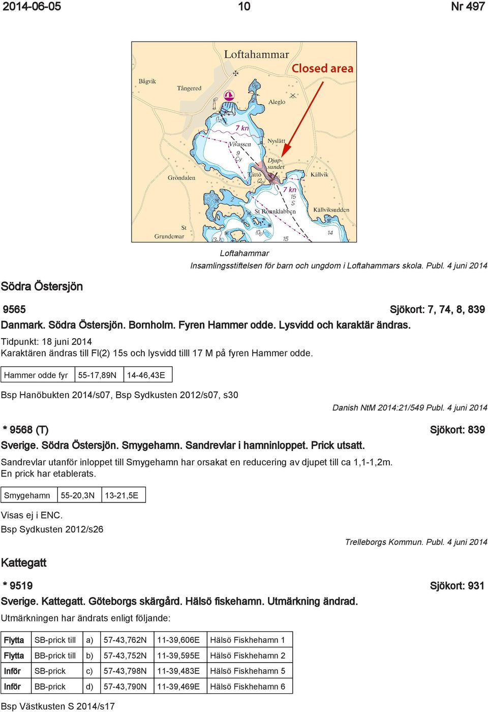 Hammer odde fyr 55-17,89N 14-46,43E Bsp Hanöbukten 2014/s07, Bsp Sydkusten 2012/s07, s30 Danish NtM 2014:21/549 Publ. 4 juni 2014 * 9568 (T) Sjökort: 839 Sverige. Södra Östersjön. Smygehamn.