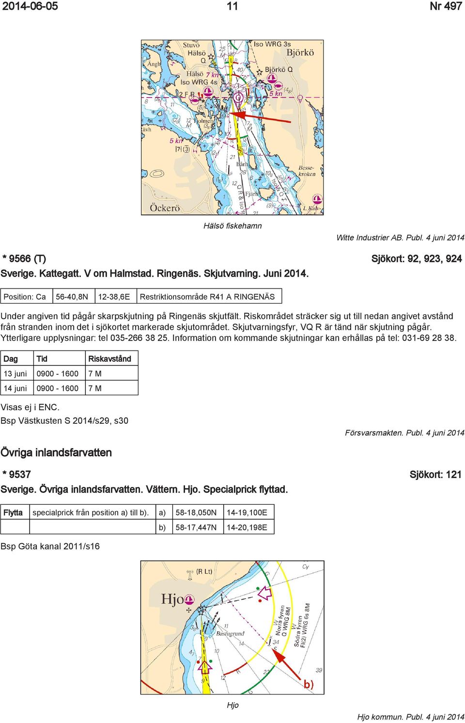 Riskområdet sträcker sig ut till nedan angivet avstånd från stranden inom det i sjökortet markerade skjutområdet. Skjutvarningsfyr, VQ R är tänd när skjutning pågår.