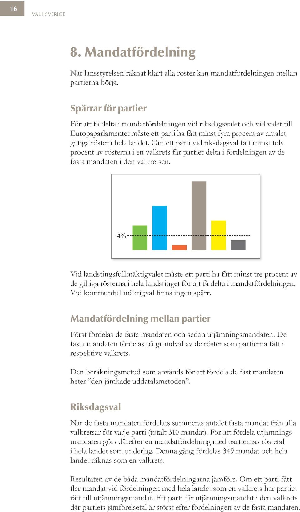 Om ett parti vid riksdagsval fått minst tolv procent av rösterna i en valkrets får partiet delta i fördelningen av de fasta mandaten i den valkretsen.