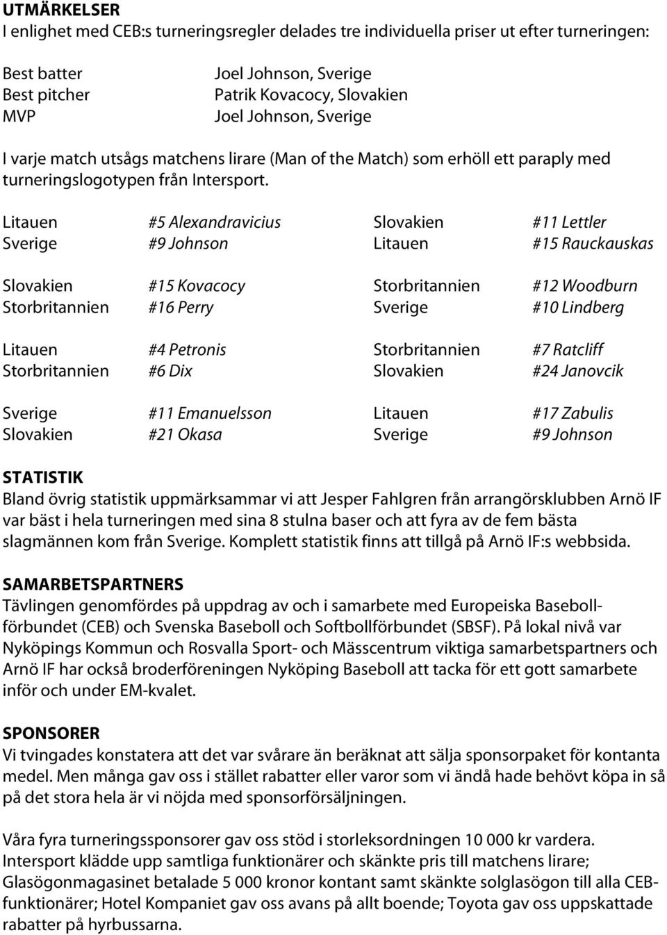 Litauen #5 Alexandravicius Slovakien #11 Lettler Sverige #9 Johnson Litauen #15 Rauckauskas Slovakien #15 Kovacocy Storbritannien #12 Woodburn Storbritannien #16 Perry Sverige #10 Lindberg Litauen #4