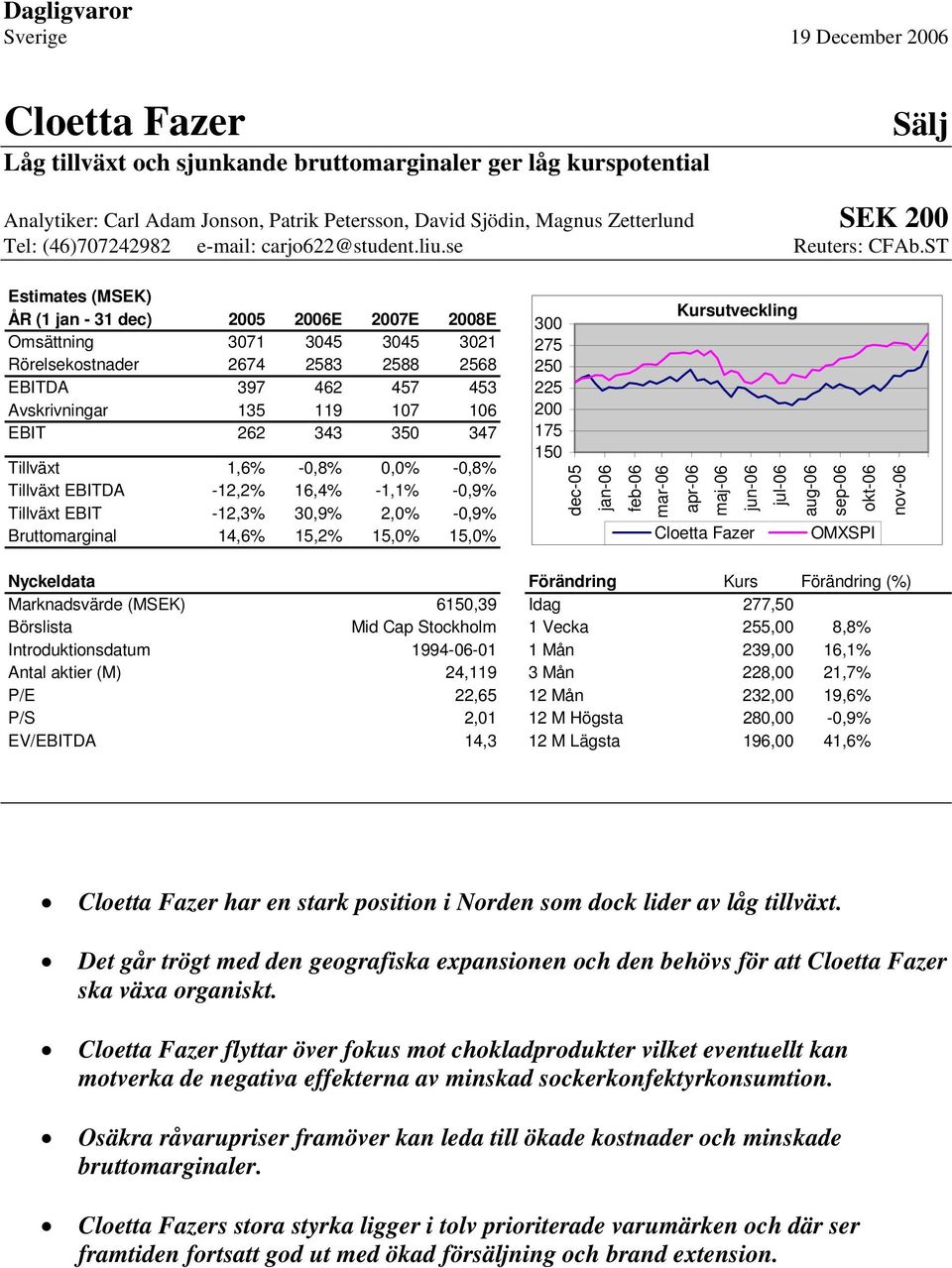 ST Estimates (MSEK) ÅR (1 jan - 31 dec) 2005 2006E 2007E 2008E 300 Kursutveckling Omsättning 3071 3045 3045 3021 275 Rörelsekostnader 2674 2583 2588 2568 250 EBITDA 397 462 457 453 225 Avskrivningar
