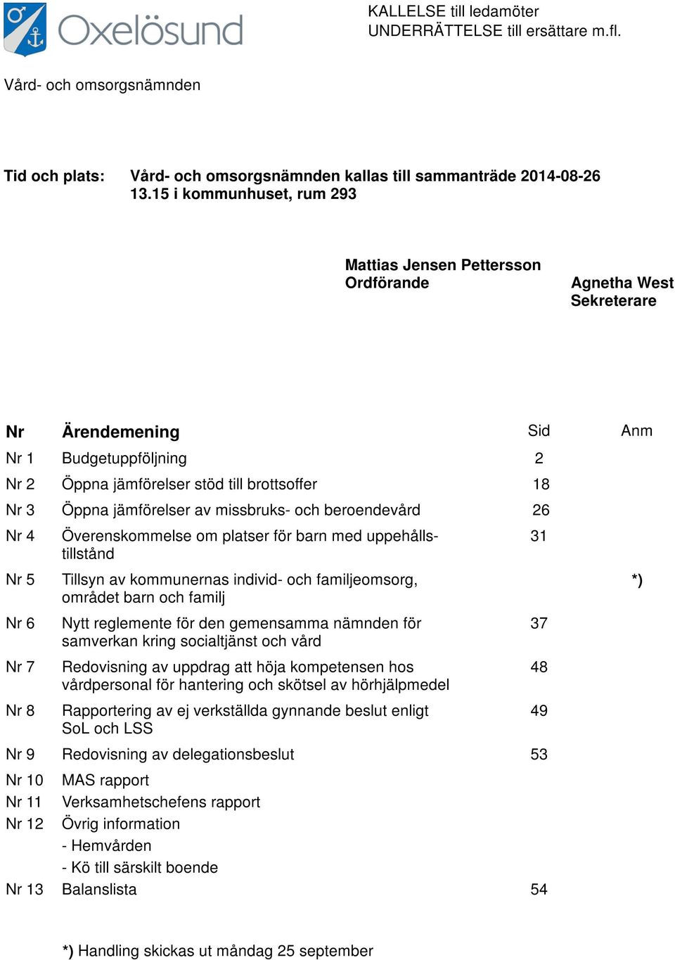 jämförelser av missbruks- och beroendevård 26 Nr 4 Överenskommelse om platser för barn med uppehållstillstånd 31 Nr 5 Tillsyn av kommunernas individ- och familjeomsorg, *) området barn och familj Nr
