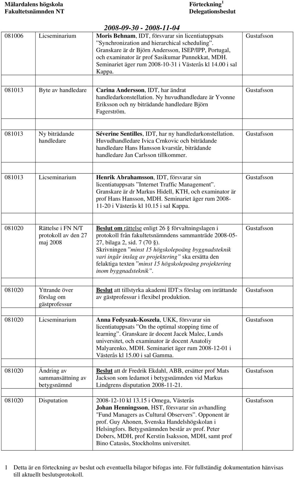 Gustafsson 081013 Byte av handledare Carina Andersson, IDT, har ändrat handledarkonstellation. Ny huvudhandledare är Yvonne Eriksson och ny biträdande handledare Björn Fagerström.