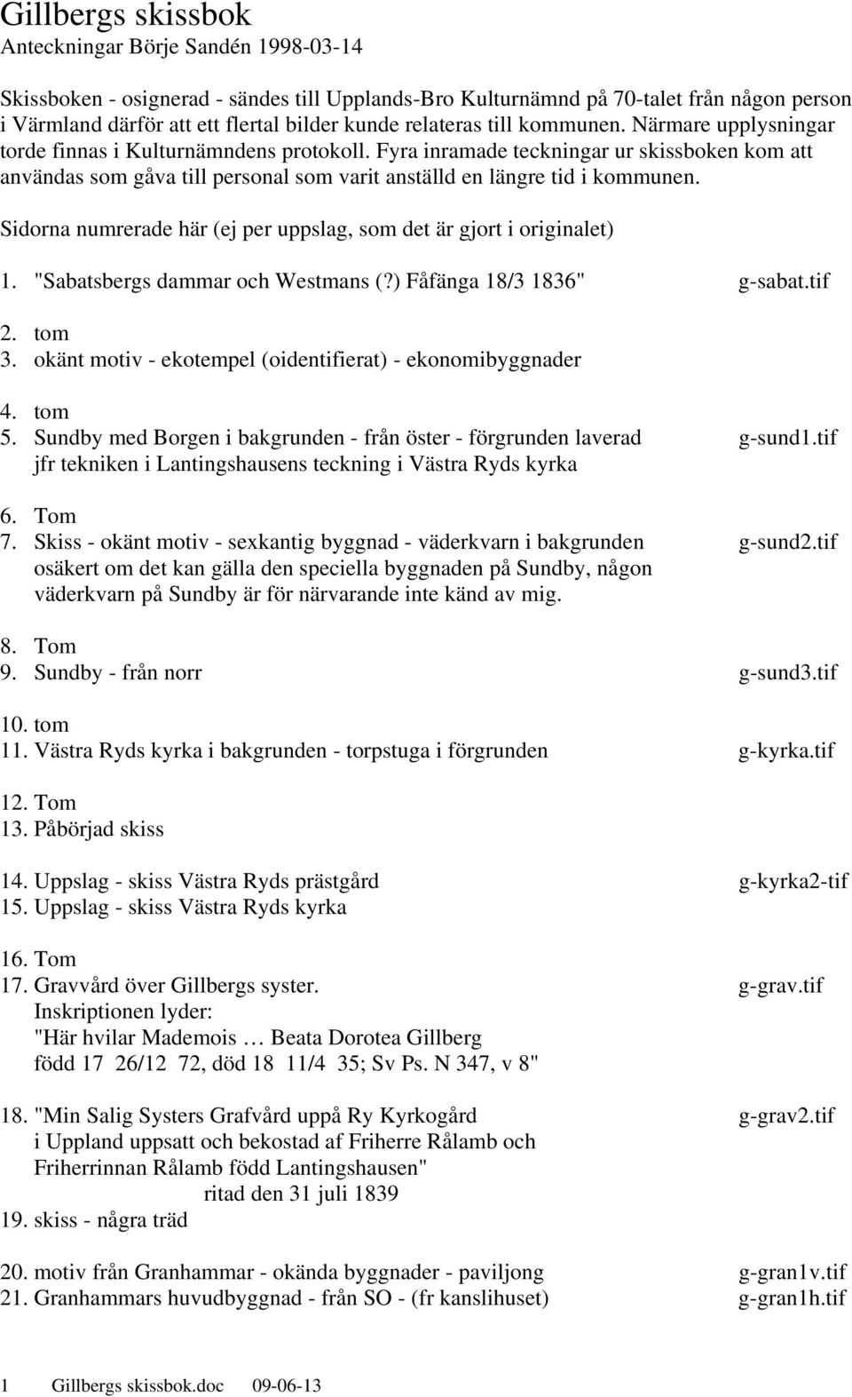 Fyra inramade teckningar ur skissboken kom att användas som gåva till personal som varit anställd en längre tid i kommunen. Sidorna numrerade här (ej per uppslag, som det är gjort i originalet) 1.