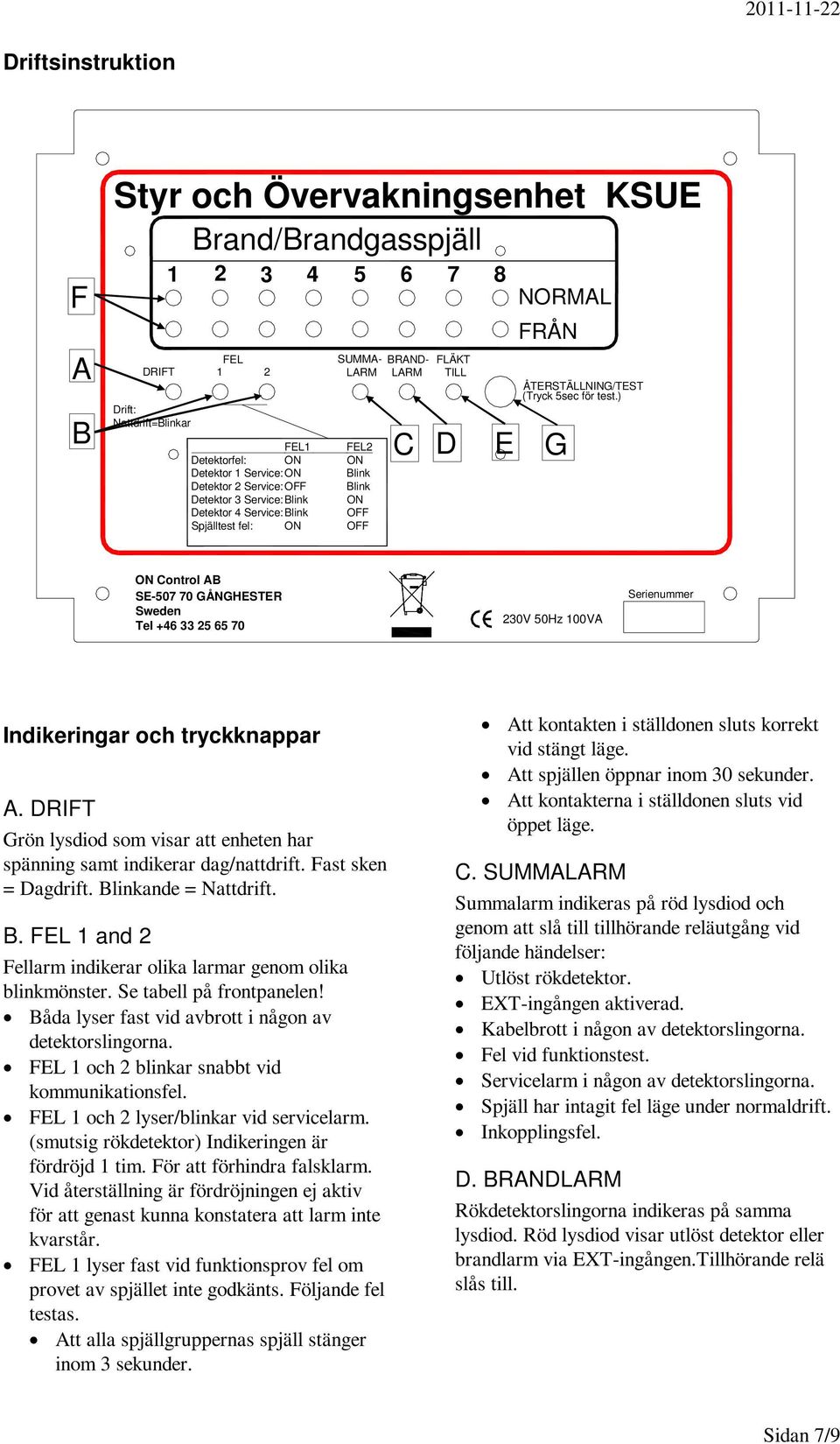 test.) ON Control AB SE-507 70 GÅNGHESTER Sweden Tel +46 33 25 65 70 230V 50Hz 100VA Serienummer Indikeringar och tryckknappar A.