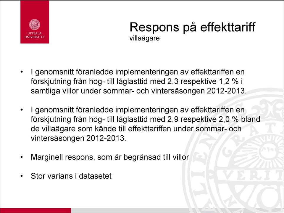 I genomsnitt föranledde implementeringen av effekttariffen en förskjutning från hög- till låglasttid med 2,9 respektive 2,0 %