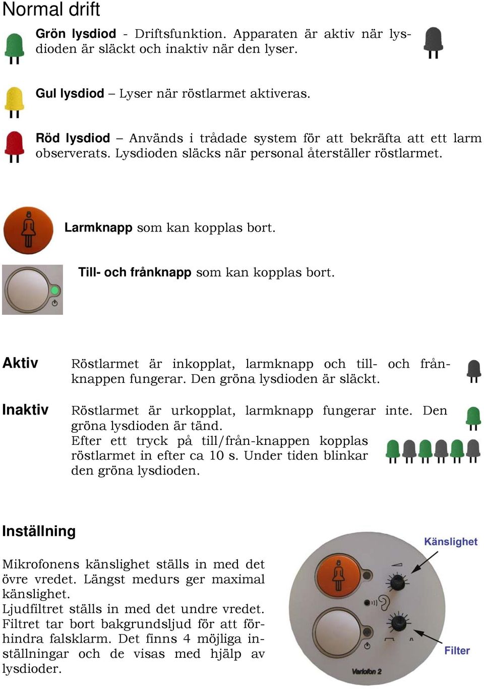 Till- och frånknapp som kan kopplas bort. Aktiv Inaktiv Röstlarmet är inkopplat, larmknapp och till- och frånknappen fungerar. Den gröna lysdioden är släckt.