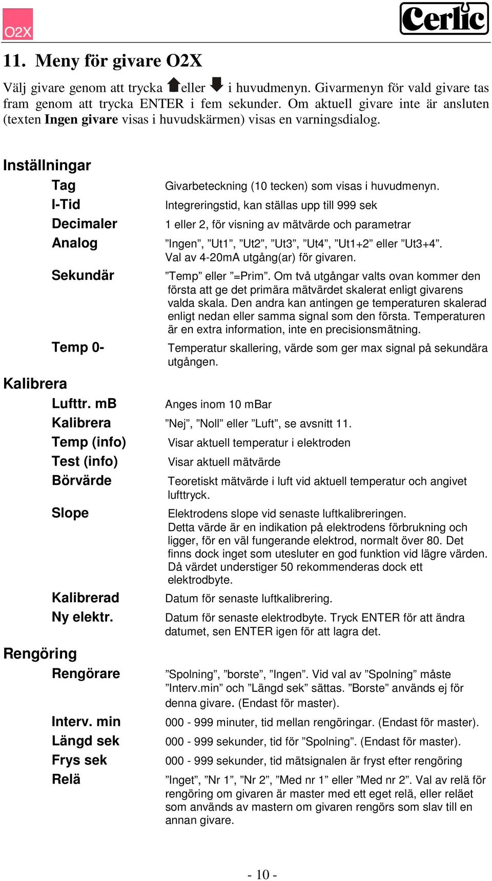 Inställningar Tag I-Tid Decimaler Analog Sekundär Temp 0- Givarbeteckning (10 tecken) som visas i huvudmenyn.