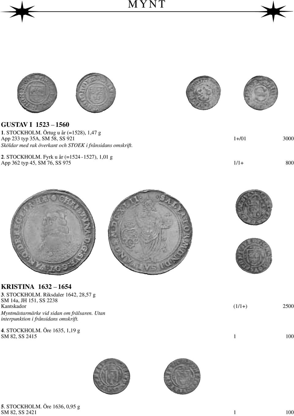 Fyrk u år (=1524-1527), 1,01 g App 362 typ 45, SM 76, SS 975 1/1+ 800 KRISTINA 1632 1654 3. STOCKHOLM.