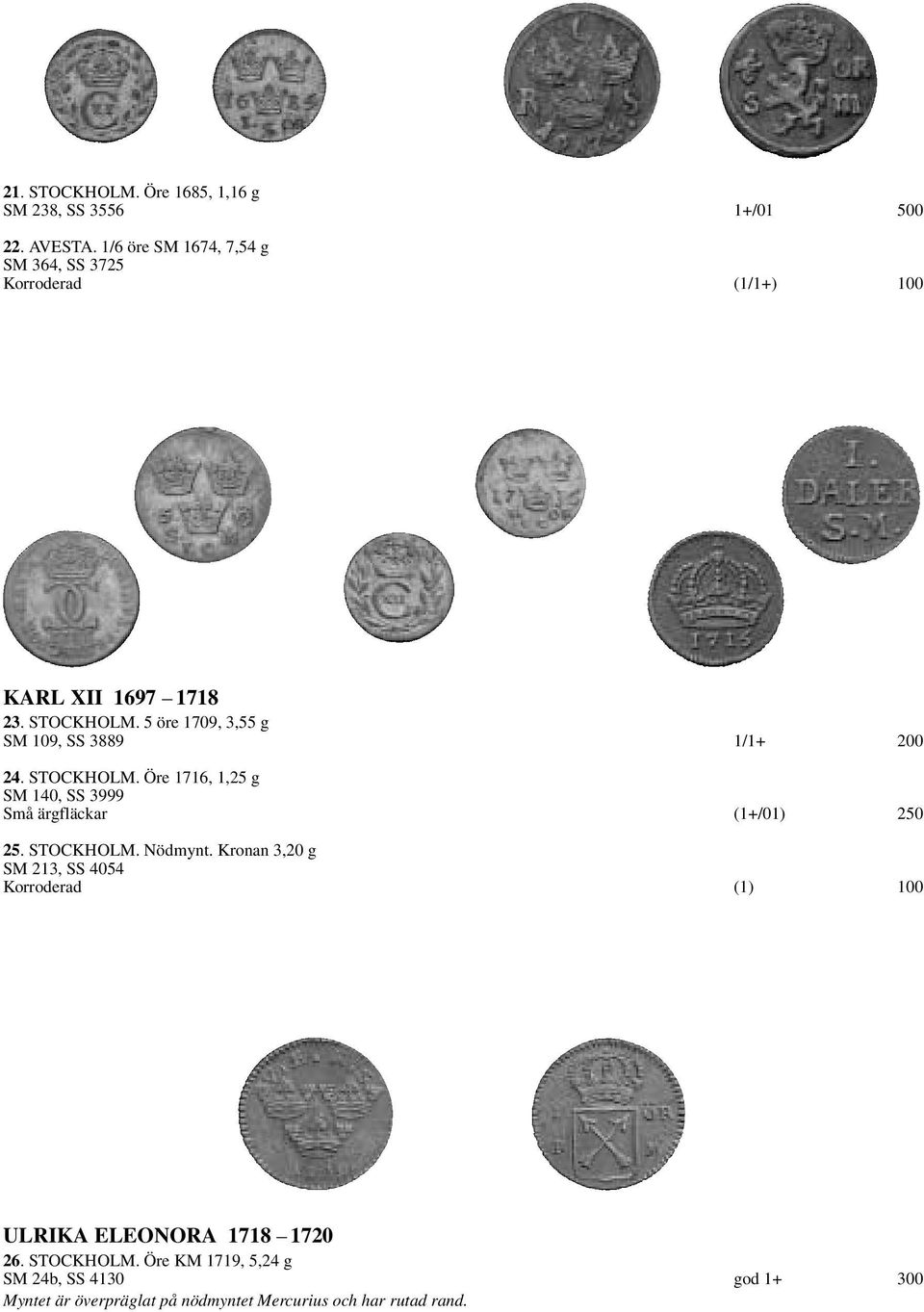 5 öre 1709, 3,55 g SM 109, SS 3889 1/1+ 200 24. STOCKHOLM. Öre 1716, 1,25 g SM 140, SS 3999 Små ärgfläckar (1+/01) 250 25.