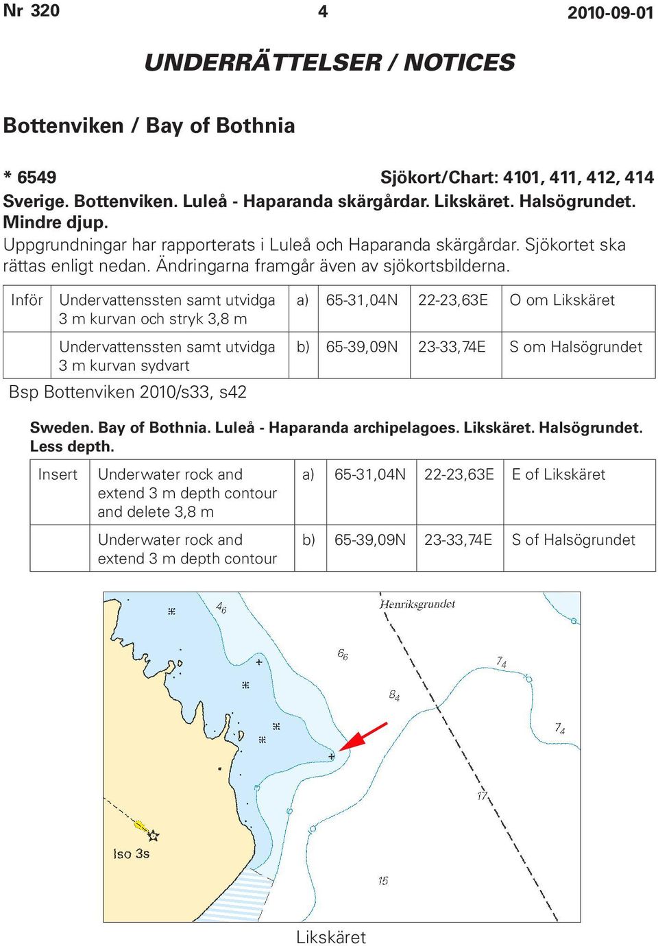 Inför Undervattenssten samt utvidga 3 m kurvan och stryk 3,8 m Undervattenssten samt utvidga 3 m kurvan sydvart Bsp Bottenviken 2010/s33, s42 a) 65-31,04N 22-23,63E O om Likskäret b) 65-39,09N