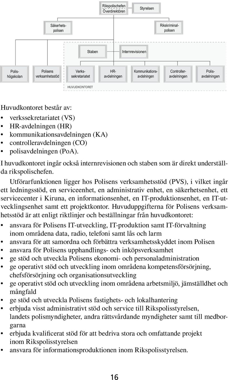 I huvudkontoret ingår också internrevisionen och staben som är direkt underställda rikspolischefen.