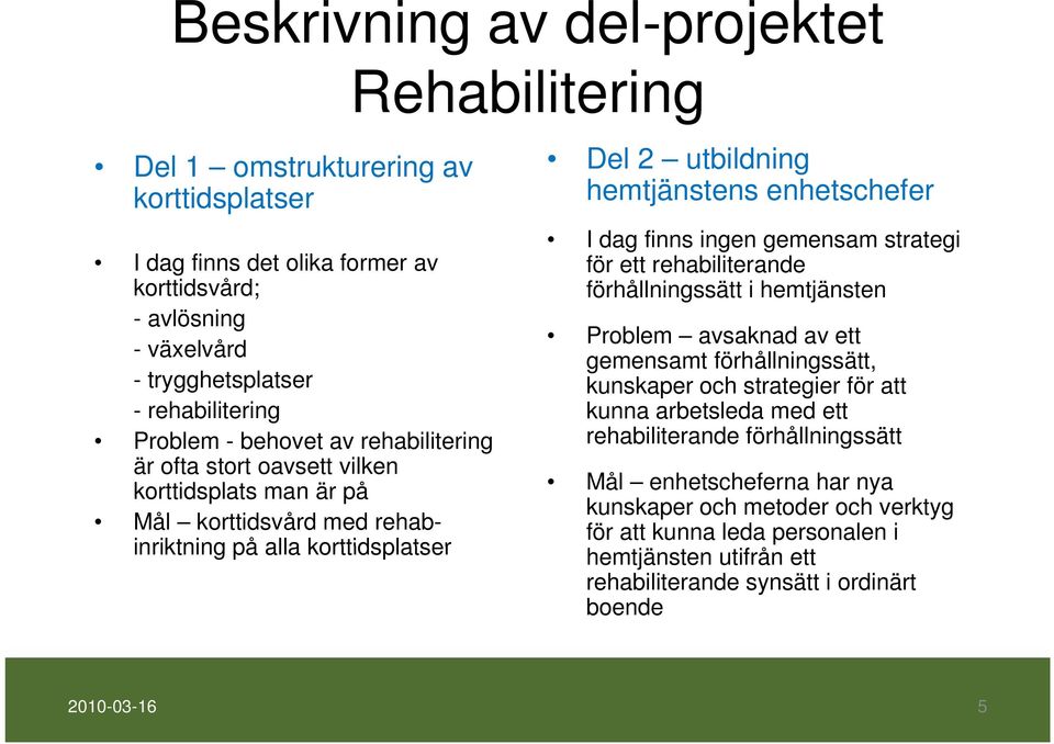 dag finns ingen gemensam strategi för ett rehabiliterande förhållningssätt i hemtjänsten Problem avsaknad av ett gemensamt förhållningssätt, kunskaper och strategier för att kunna arbetsleda med