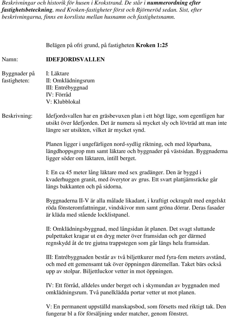 Belägen på ofri grund, på fastigheten Kroken 1:25 IDEFJORDSVALLEN I: Läktare II: Omklädningsrum III: Entrébyggnad IV: Förråd V: Klubblokal Idefjordsvallen har en gräsbevuxen plan i ett högt läge, som