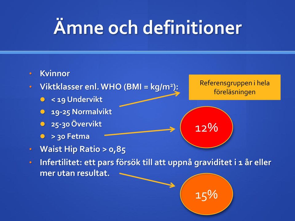 30 Fetma Waist Hip Ratio > 0,85 Referensgruppen i hela föreläsningen