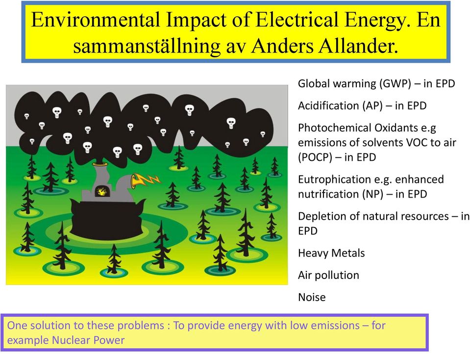 g emissions of solvents VOC to air (POCP) in EPD Eutrophication e.g. enhanced nutrification (NP) in EPD