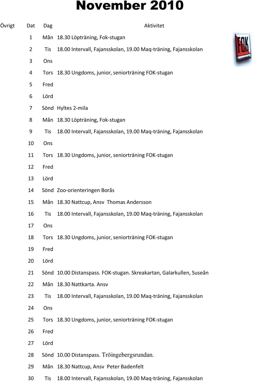 30 Nattcup, Ansv Thomas Andersson 16 17 18 18.00 Intervall, Fajansskolan, 19.00 Maq-träning, Fajansskolan 19 Fred 20 21 Lörd Sönd 10.00 Distanspass. FOK-stugan.