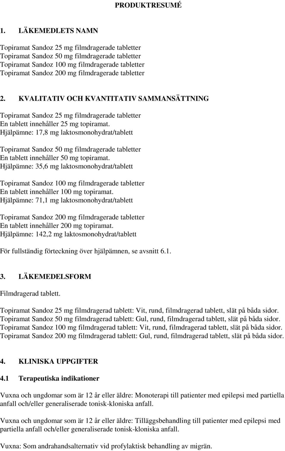 tabletter 2. KVALITATIV OCH KVANTITATIV SAMMANSÄTTNING Topiramat Sandoz 25 mg filmdragerade tabletter En tablett innehåller 25 mg topiramat.