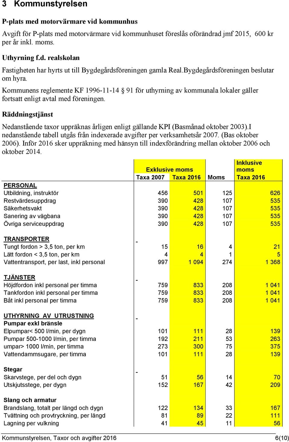 Räddningstjänst Nedanstående taxor uppräknas årligen enligt gällande KPI (Basmånad oktober 2003).I nedanstående tabell utgås från indexerade avgifter per verksamhetsår 2007. (Bas oktober 2006).