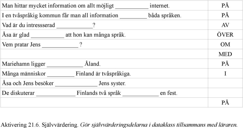 Åsa är glad att hon kan många språk. Vem pratar Jens? Mariehamn ligger Åland.