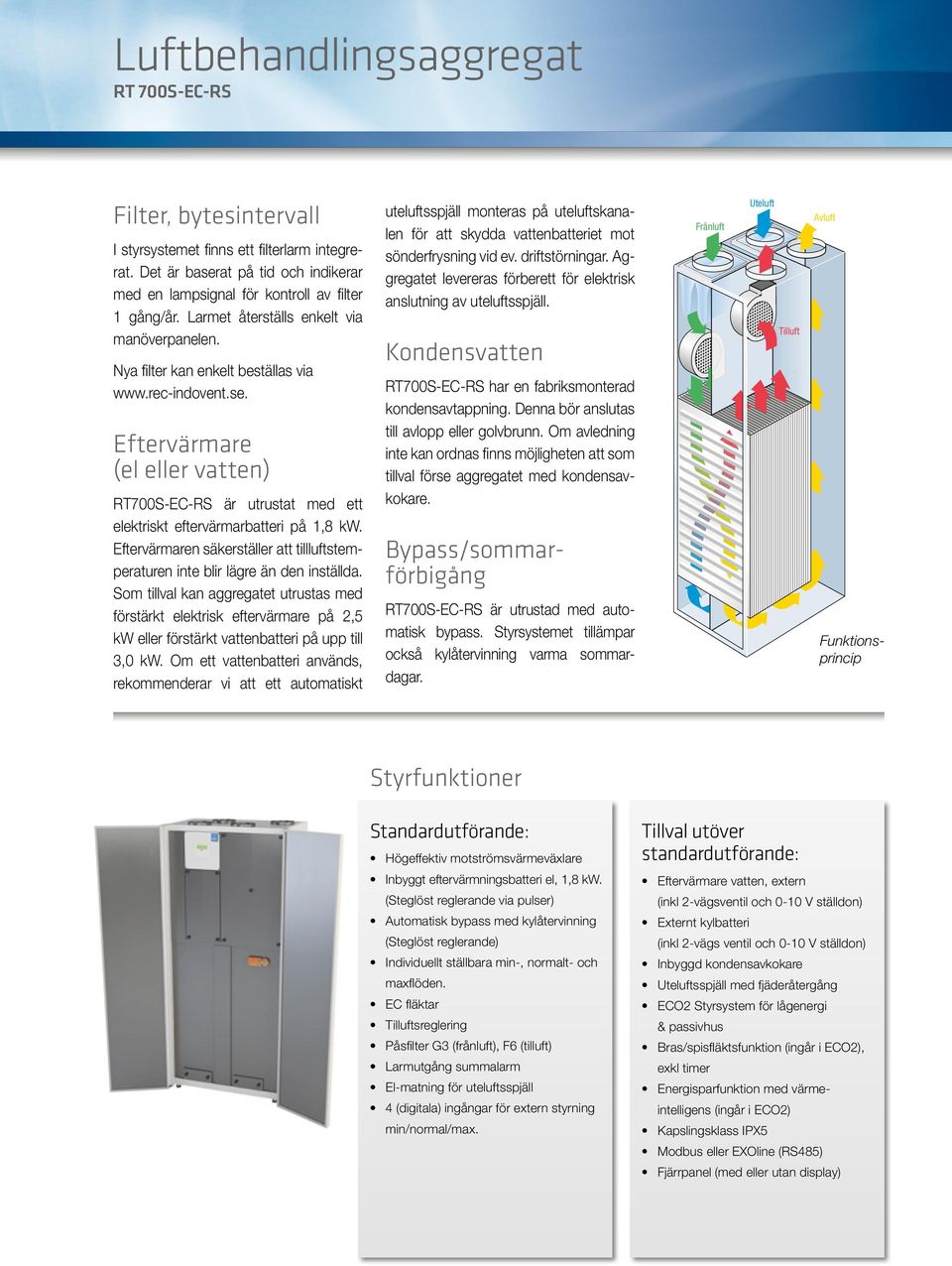 Eftervärmare (el eller vatten) RT7S-EC-RS är utrustat med ett elektriskt eftervärmarbatteri på 1,8 kw. Eftervärmaren säkerställer att tillluftstemperaturen inte blir lägre än den inställda.