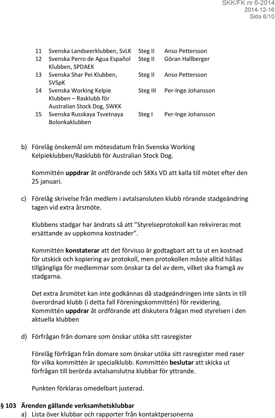 mötesdatum från Svenska Working Kelpieklubben/Rasklubb för Australian Stock Dog. Kommittén uppdrar åt ordförande och SKKs VD att kalla till mötet efter den 25 januari.