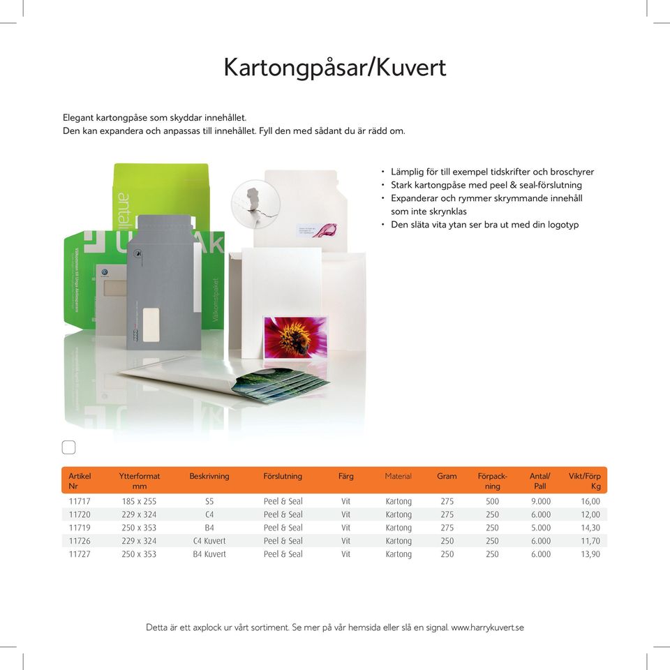 logotyp Beskrivning Förslutning Färg Material Gram 11717 185 x 255 S5 Peel & Seal Vit Kartong 275 500 9.000 16,00 11720 229 x 324 C4 Peel & Seal Vit Kartong 275 250 6.