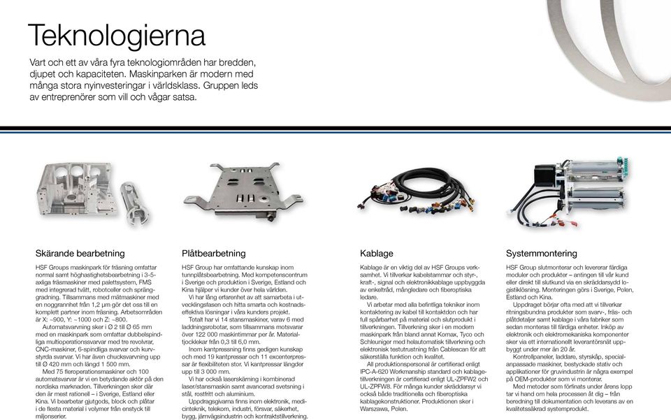 Skärande bearbetning Plåtbearbetning Kablage Systemmontering HSF Groups maskinpark för fräsning omfattar normal samt höghastighetsbearbetning i 3-5- axliga fräsmaskiner med palettsystem, FMS med