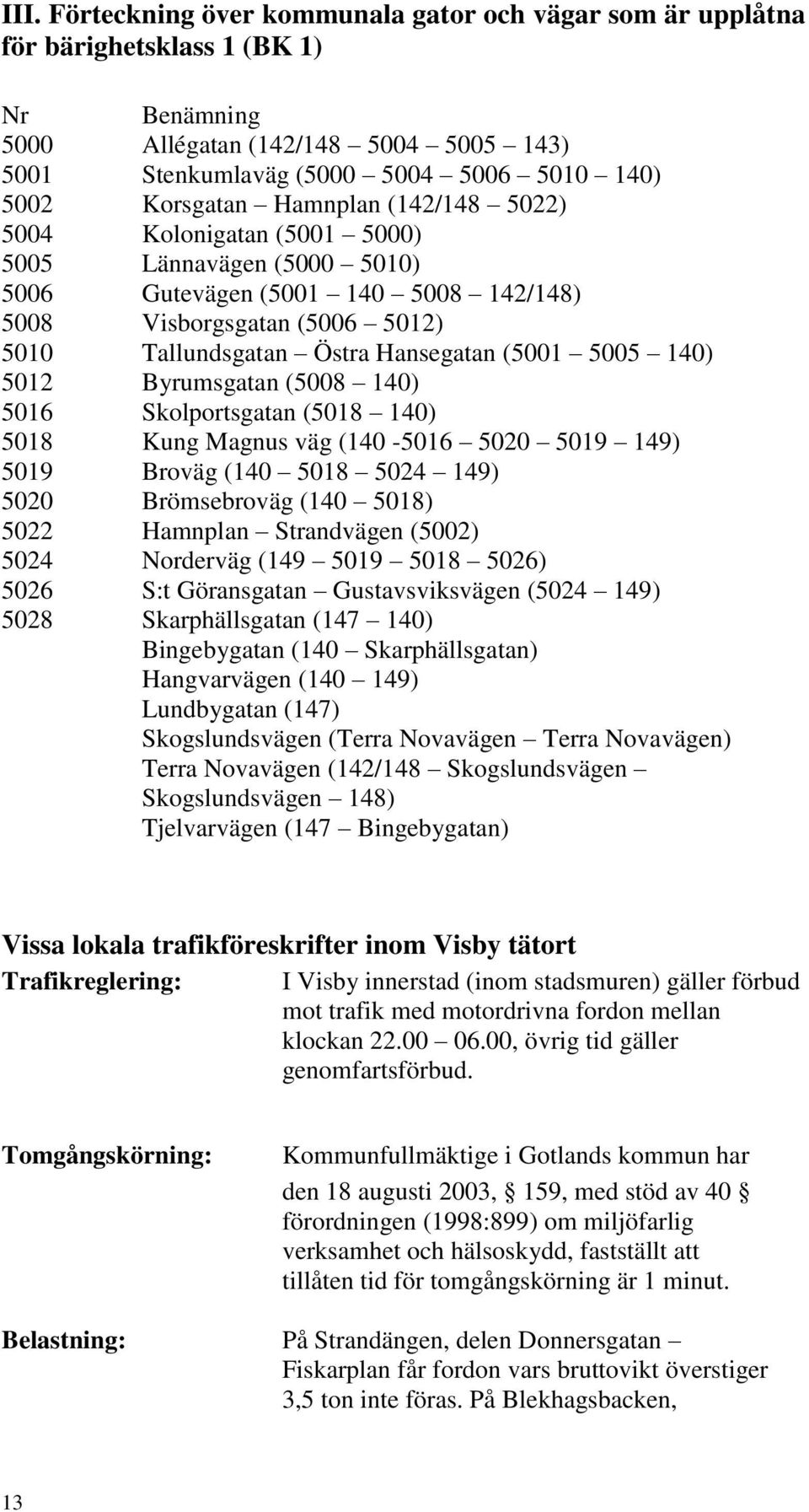 (5001 5005 140) 5012 Byrumsgatan (5008 140) 5016 Skolportsgatan (5018 140) 5018 Kung Magnus väg (140-5016 5020 5019 149) 5019 Broväg (140 5018 5024 149) 5020 Brömsebroväg (140 5018) 5022 Hamnplan